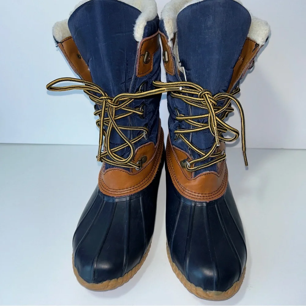 Lands' End Duck Boots Women's 7.5 Sherpa Lined Navy Camel Waterproof Lace Up‎